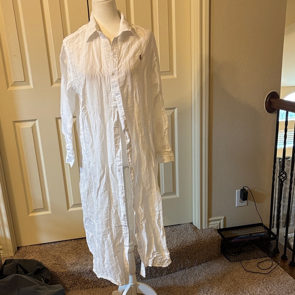 Polo Ralph Lauren Maxi Boyfriend Shirt White MSRP $170 XS 60% Linen/40% Cotton